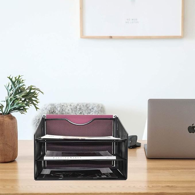 EASEPRES Mesh File Organizer, Desktop Hanging File Holder with 3 Paper Letter Tray and 1 Vertical Upright Compartment, Black