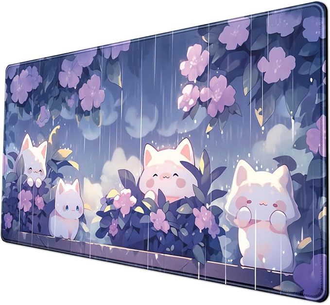 Kawaii Cat Desk Mat XXL Extended Purple Gaming Mouse Pad Large Mousepad, Cute Desk Mat Keyboard and Mouse with Stitched Edges Desk Pad for Game Office Home Desk Purple Decor 31.5x15.7 in