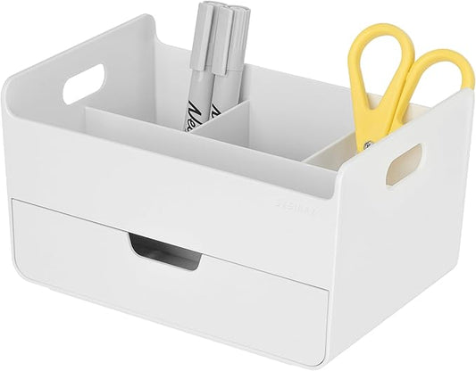 BLUE GINKGO Portable Desk Organizer – Compact 3 Compartment, Half-drawer Storage – Pen Holder, Stationery Desktop Organizer for Office, Makeup, Crafts (Made in Korea, White)