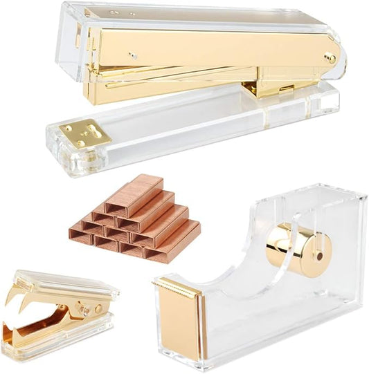 Gold Acrylic Stapler Set - Desk Accessory & Decoration Kit for Gift, Clear Stapler with 1000 Pcs Staples and Staple Remover, Tape Dispenser, Office Supplies Set