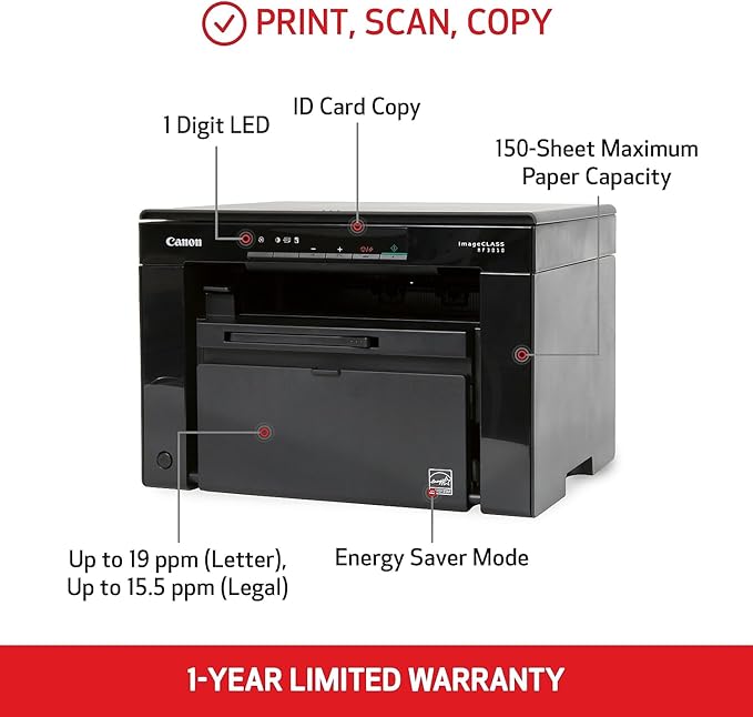 Canon imageCLASS MF3010 VP - Wired Monochrome Multifunction Laser Printer with Scanner, Copier, USB Cable Included, Up To 2,300 Page Toner Yield in Box, 19 PPM, Black