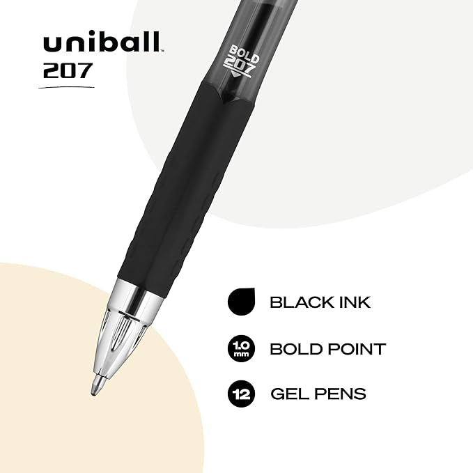 uni-ball 207 Retractable Gel Pens Bold Point, 1mm, Black, 12 Pack
