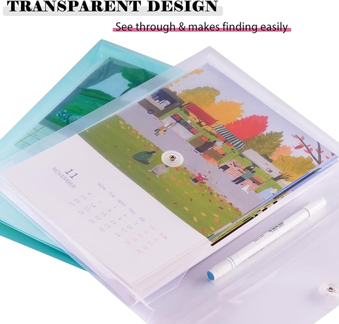 A4 Letter Size Plastic Poly Envelopes with Button and String Tie Closure, 1-1/4" Expansion Clear File Folders Side Loading Documents Organizer for Home School and Office Supplies (14)