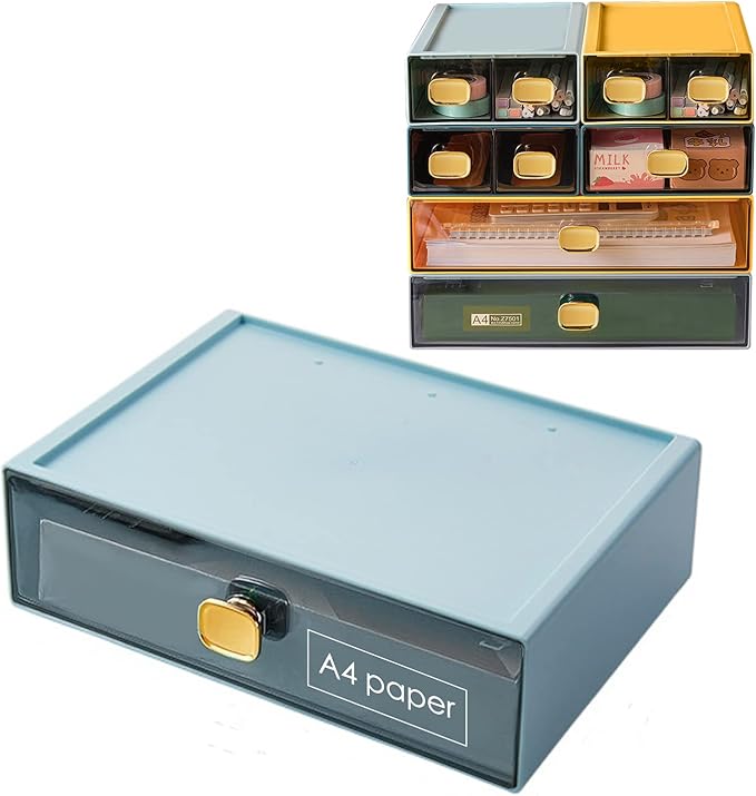 Stackable Desk Organizer Drawer 13"Wx9"Lx3.3"H Large Desktop Storage Drawers for Printer Paper Clear Stacking Storage Organizer Box for Office, Home, Stationery, Bathroom (Blue, L)
