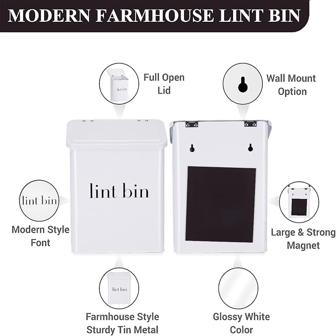 Magnetic Lint Bin with Lint Brush, Two White Hooks, one Black Back Side Hook & All Accessories for Laundry Room Decor, Wall-Mounted Lint Bin with Lid, White Powder Coated, Space-Saving Trash Can