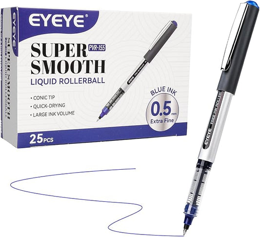EYEYE 25 Pack 0.5mm Blue Rollerball Pens Extra Fine Point Quick Dry, Liquid Ink Pens Fine Point Smooth Writing Pen for Journaling, Note Taking, Office, School Supplies