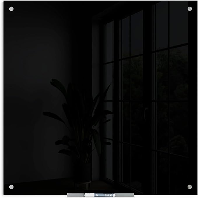 U Brands Glass Dry Erase Board, 36" x 36", 3'x3', Black Surface With Silver Grommets, Frameless, Includes Marker With Eraser