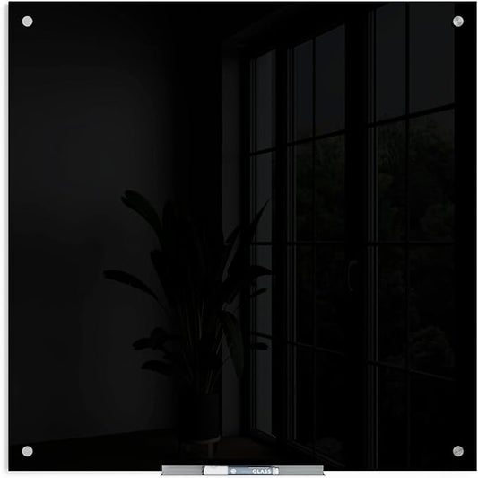 U Brands Glass Dry Erase Board, 36" x 36", 3'x3', Black Surface With Silver Grommets, Frameless, Includes Marker With Eraser