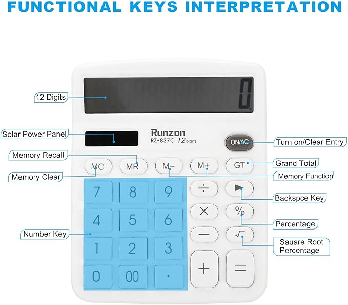 PATIKIL Desk Calculator, 12 Digits Large LCD Display Electronic Calculator Solar Battery Dual Power for Home Office Desktop, White