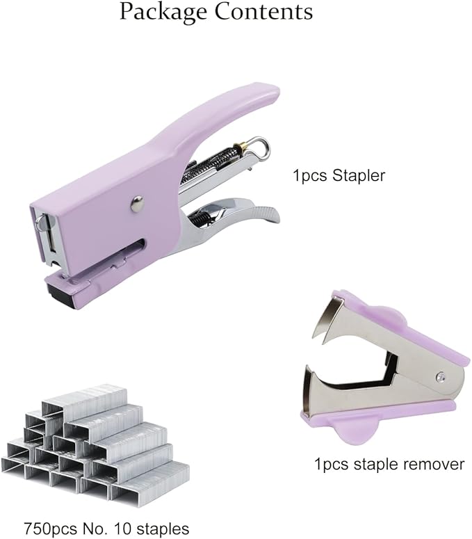Small Hand-held Stapler Set, 15 Sheet Capacity, includes 750Pcs Staples and A Staple Remover, Mini Desktop Stapler for Office, School, Home or Travel Use. (Purple)