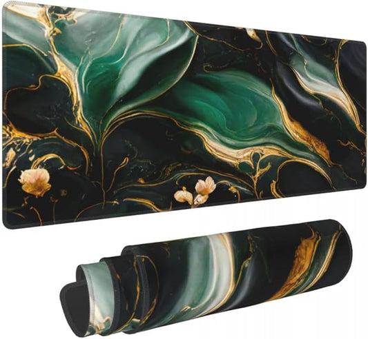 Desk Pad,Office Desk Mat 31.5"×11.8" Large Gaming Mouse Pad,Extended Computer Mouse Pad,Waterproof Thick Big Mouse Pads with Non-Slip Rubber Base Office Home Green Gold Marble Flower