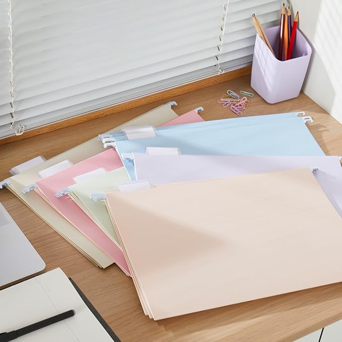 Y YOMA Legal Size - 24 Pack Colored Hanging File Folders Decorative Hanging Folder Cute Pretty File Folder for Filing Cabinet Office Home with 1/5-Cut Adjustable Tabs, Soft Color