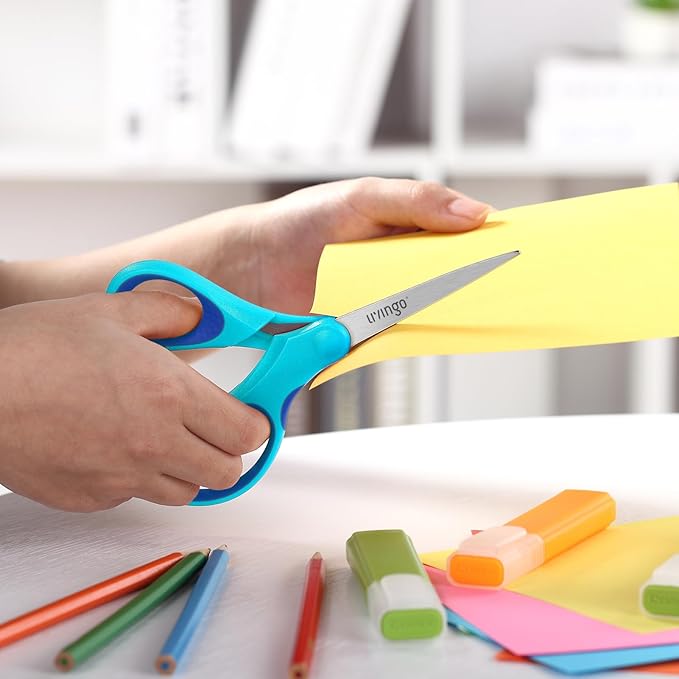 LIVINGO Student Scissors for School: 7 Inch 3 Pack Sharp Pointed Tip Teacher Scissors for Kids Middle High School College Classroom Craft, Comfortable Grip, Right Left Handed, Blue, Green, Yellow