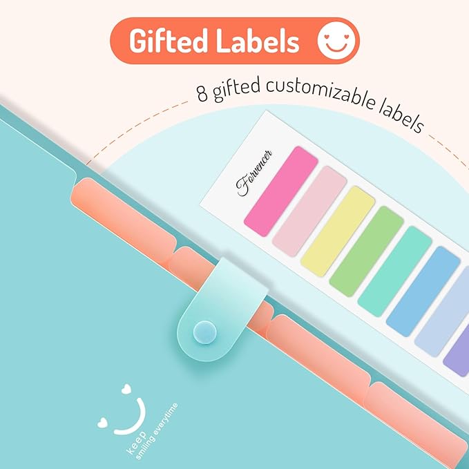 Forvencer Accordion File Organizer, Letter Size, 5 Pocket Expanding File Folder, Cute File Folder with Labels, Portable File Organizer for School Office Supplies, Folders for Documents, Jade