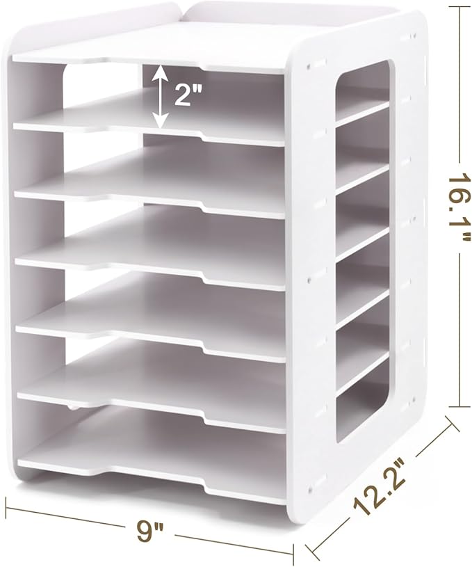 SONGWAY Paper Storage Organizer for Desk - 7 Tier Paper Sorter Organizer, Letter Mail Tray, File Folder Holder Rack, White Desk File Organizer for Home Office