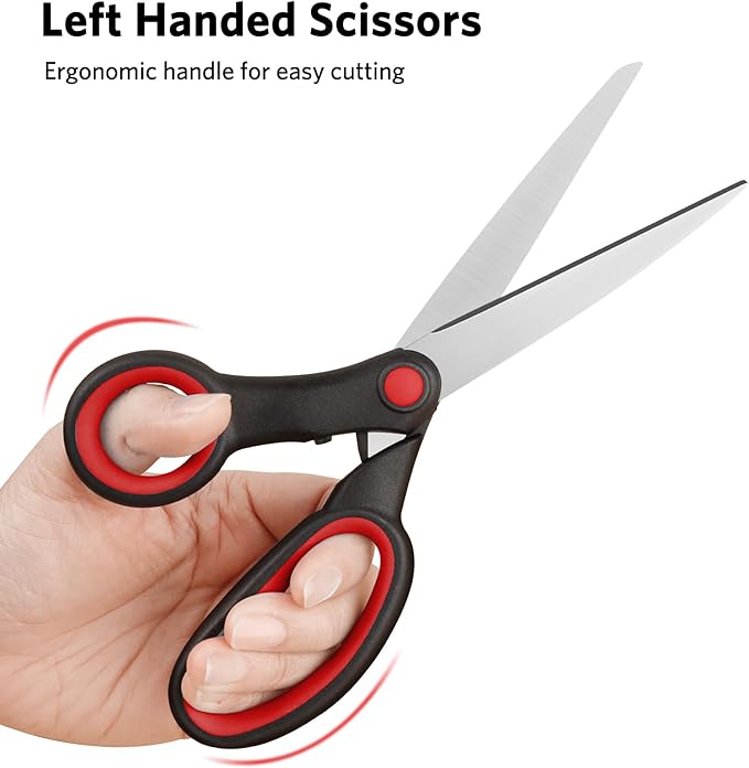 Left-Handed Scissors, 2 Pieces 8-Inch Stainless Steel Scissors Set with Soft Grip for Home, School, Office, Sewing Fabrics, Red