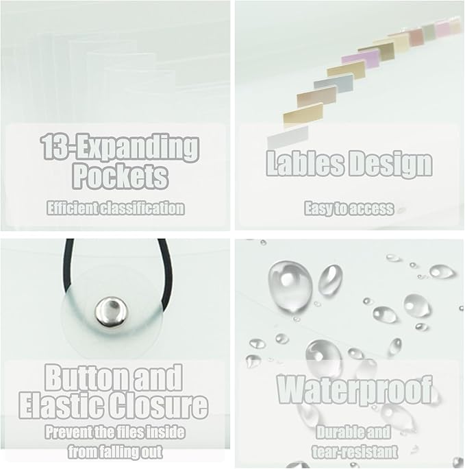 Small Accordion File Organizer - 13 Pocket Expanding Folder for Receipts, Bills, and Envelopes - Money Saving Binder (White)