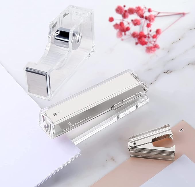 Acrylic Silver Tape Dispenser Desktop Stapler, Acrylic Office Supplies Includes Staple Remover, Tape, 1000pcs Staples Desk Accessory Kit, Cute Office Stapler Set for Modern Design Office Desktop