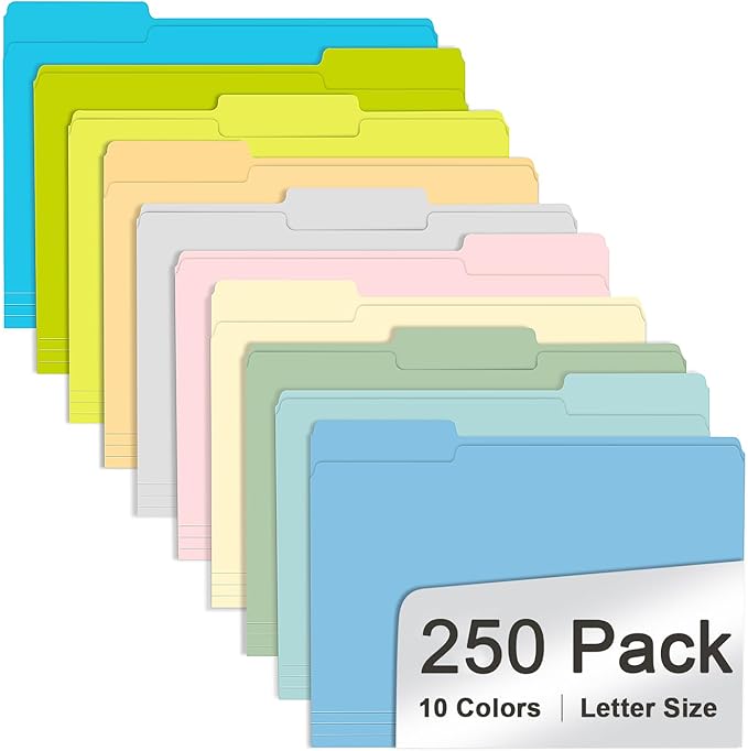 File Folder, RAZCC 250 Pack Colored File Folders, 1/3 Cut Tab File Folder Letter Size, Filing Folders with Tabs for Office School Business Use, Assorted 10 Colors