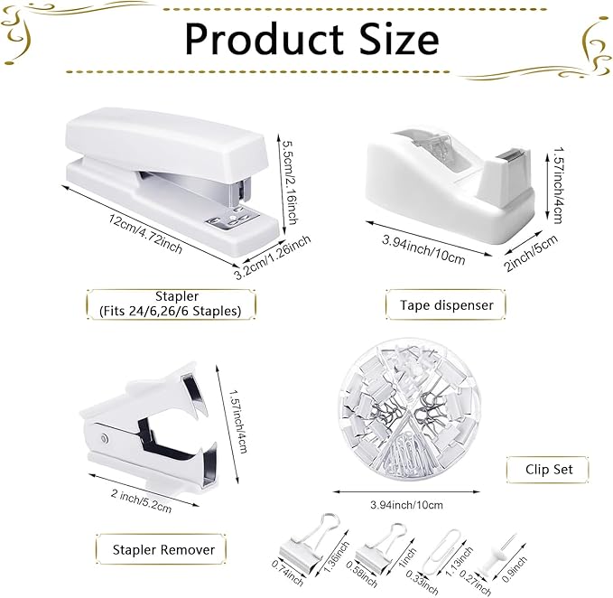 Office Supplies,Desk Accessories, Stapler and Tape Dispenser Set for Women with Stapler, Tape Dispenser, Staple Remover, Staples, Clips, Scissor and Tabs,Gift for Students, Coworkers
