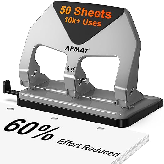 AFMAT HP20 Heavy Duty 3 Hole Punch, 60% Reduced Effort, 50-Sheet 3 Hole Puncher for Binder, 10,000+ Uses, Metal Three Hole Punch for Home Office School, w/Large Chip Tray, Paper Guide