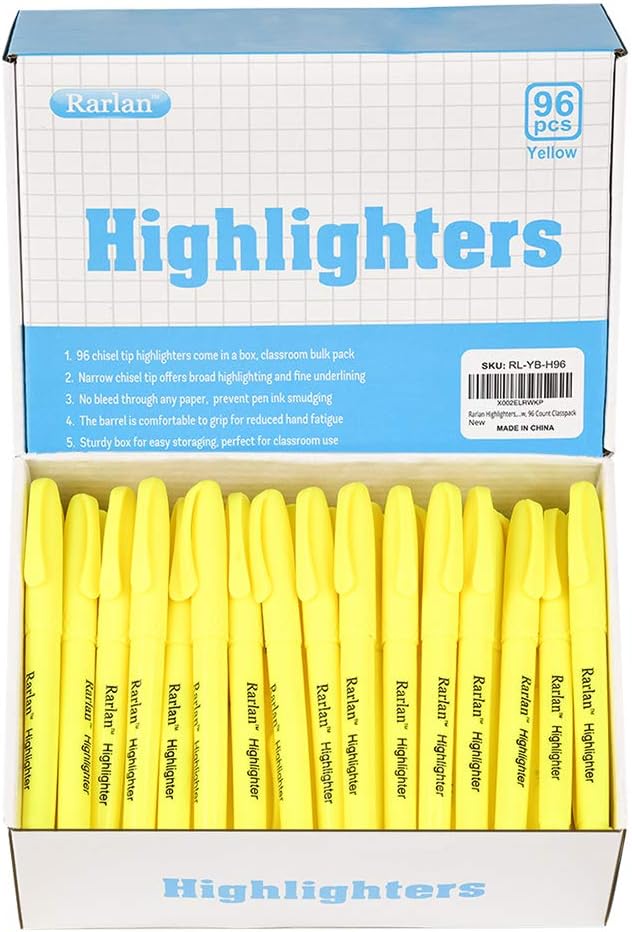 Rarlan Highlighters, Chisel Tip, Fluorescent Yellow, 96 Count Bulk Pack