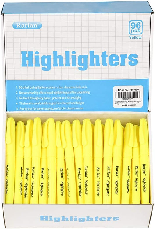 Rarlan Highlighters, Chisel Tip, Fluorescent Yellow, 96 Count Bulk Pack