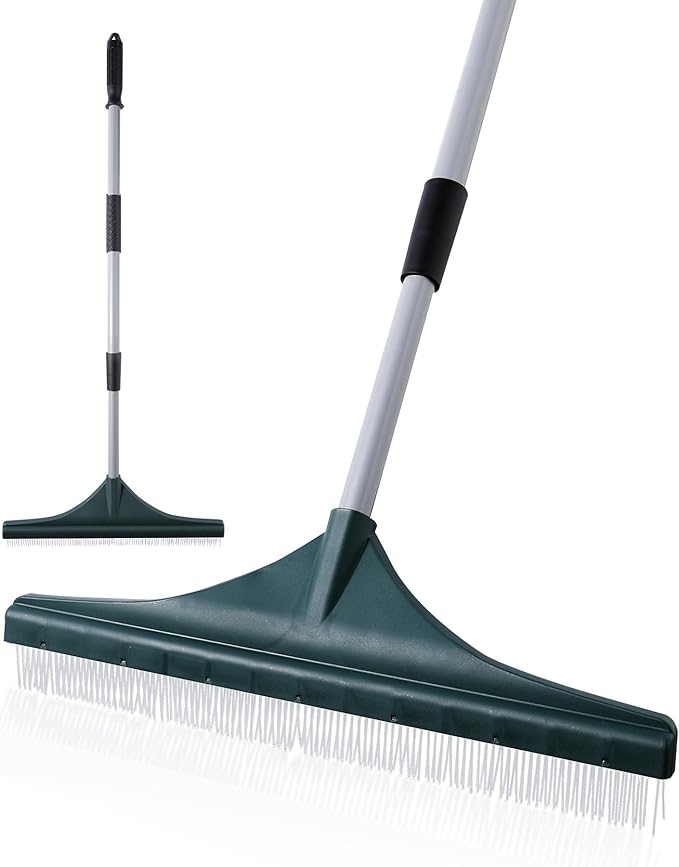 Yocada Artificial Turf Rake Grass Brush Broom Carpet Lawn Leaf Rake Cleaner Broom Telescopic Iron Pole for Yard Cleaning and Pet Hair Removal 56.69"