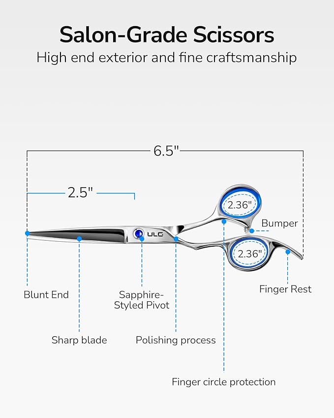 Hair Cutting Scissors for Left Hand, ULG Left-Handed Professional Hair Scissors 6.5-Inch Razor Edge Barber Shears for Salon and Home Hair Cutting Made of Japanese Stainless Steel, Blue Fingerhole Ring