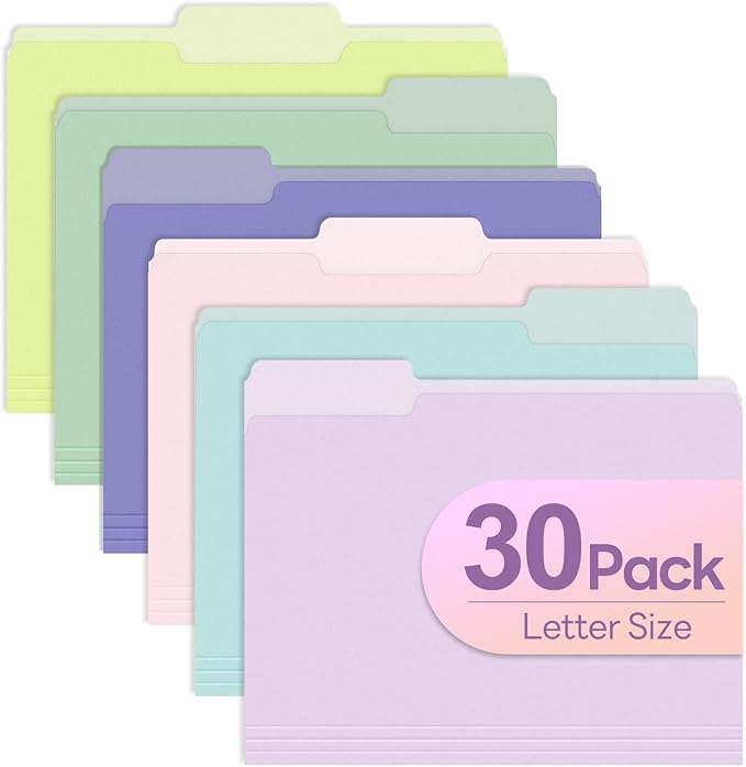Piasoenc Color File Folders Set of 30, 1/3 Cut Tab, Letter Size Folder for 8.5 x 11 Documents Files, Assorted 6 Colors Filing for Office School Business
