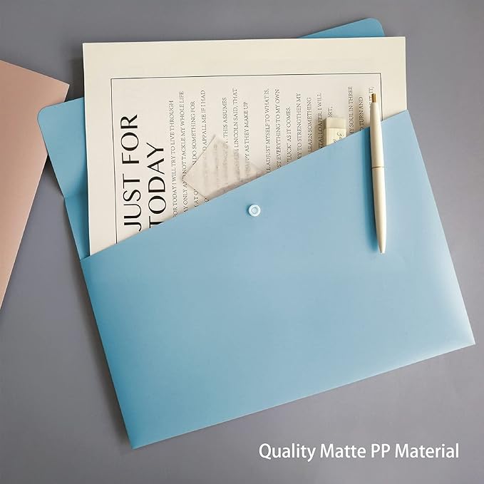 VANRA Poly File Folders Letter Size File Jackets Organizer Plastic Envelope A4 Flat Document Holder with Snap Button Closure (Pastel Blue, Pack of 5)