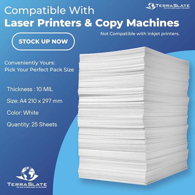 TerraSlate Waterproof Laser Printer Paper – Rip-Proof, Weatherproof, 5 Mil (24lb Bond), A4 Size 210 x 297 mm, 25 Sheets, White, Synthetic Paper for Outdoor Use