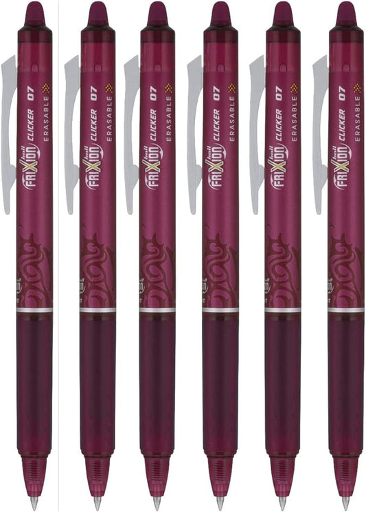 Pilot FriXion Ball Clicker Retractable Erasable Gel Pen, Fine Point, 0.7mm, Burgundy Ink, 6 Count