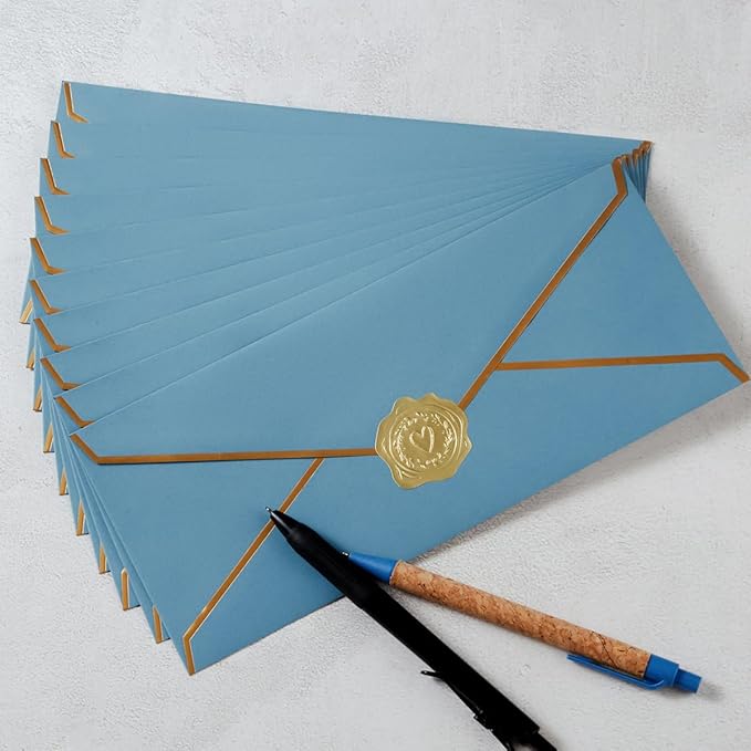 50 Pack #10 Business Envelopes with Gold Border, Self Seal Standard Envelopes with Gold Stickers for Office, Checks, Letter Mailing, Invoices, 4 1/8 x 9 1/2 Inches (Dusty-Blue)