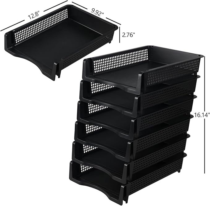 6 Pack Stackable Office Paper Organizer Tray, Desktop File Document Letter Tray Holder, Black