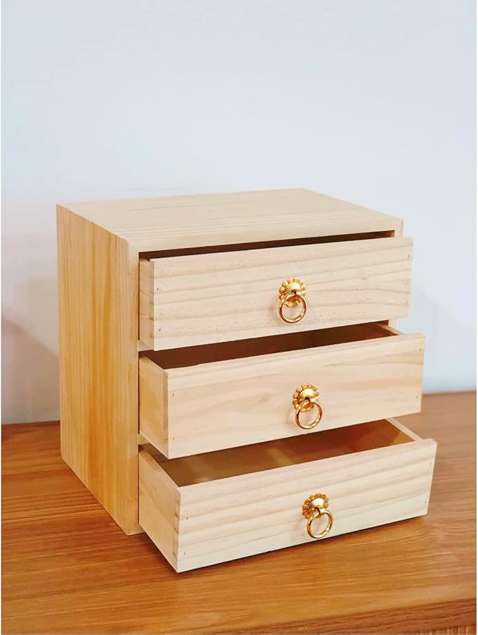 3 Layer Natural Wooden Storage Box with Drawers Desk Organizer Desk Accessories 3 Drawer Storage Organizer Wood Tabletop Organizer with Metal Handle for Home Office Counter Craft Decor