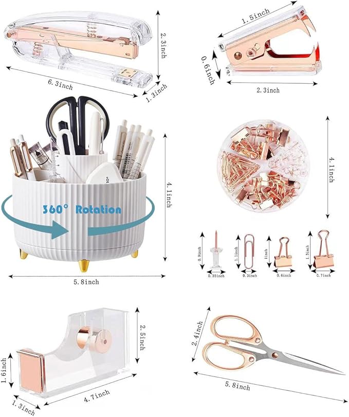 Rose Gold Desk Organizers and Accessories 7Pcs Set with 360-Degree Rotating Pen Holder, Acrylic Stapler, Tape Holder, Staple Remover, Binder/Paper Clips Kit, Scissor and 1 Box of Staples