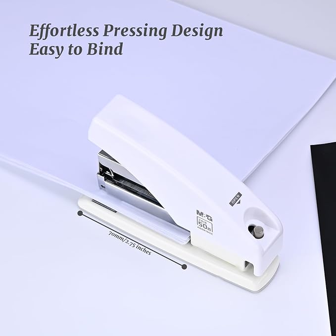 M&G Desk Effortless Stapler with 2000 Staples, 50 Sheets Capacity Heavy Duty Office Staplers, Jam Free, One Finger Touch Stapling Ergonomic Stapler for School Home Office Supplies (White)
