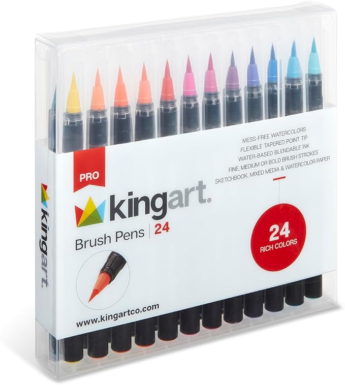 KINGART Pro Brush Pens, 24 Colors for Real Watercolor Painting with Flexible Nylon Brush Tips, Paint Markers for Coloring, Calligraphy and Drawing for Artists and Beginner Painters