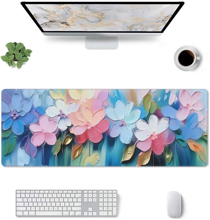 Gaming Mouse Pad, Large Non-Slip Rubber Base Mousepad, Keyboard Mouse Mat, Desk Pad with Stitched Edges, 31.5x11.8inch, Oil Flower