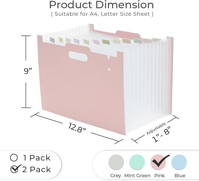 Y YOMA 2 Pack Accordion File Organizer with Handle 12 Pockets Expanding File Folder with Removable Tabs for A4 Letter Size Paper Portable Plastic Filing Organizer Document Bill Receipt Holder, Pink