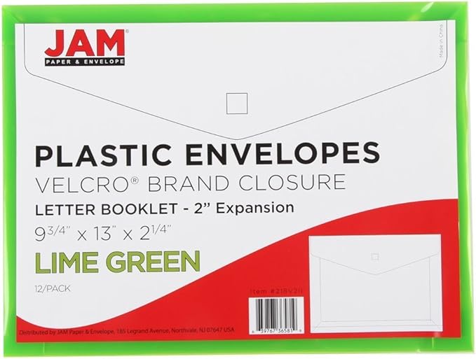 JAM PAPER Plastic Expansion Envelopes with Hook & Loop Closure - Letter Booklet - 9 3/4 x 13 with 2 Inch Expansion - Lime Green - 12/Pack