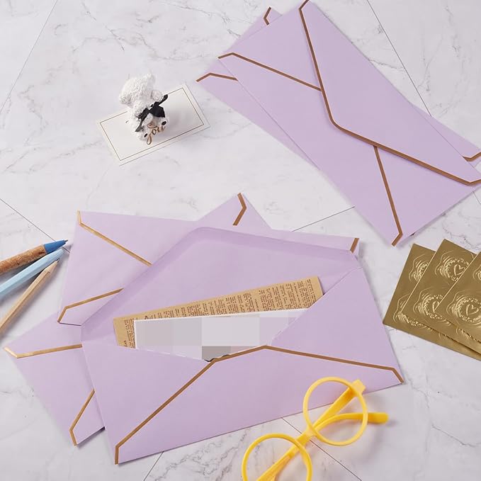 50 Pack #10 Business Envelopes with Gold Border, Self Seal Standard Envelopes with Gold Stickers for Office, Checks, Letter Mailing, Invoices, 4 1/8 x 9 1/2 Inches (Light Purple)