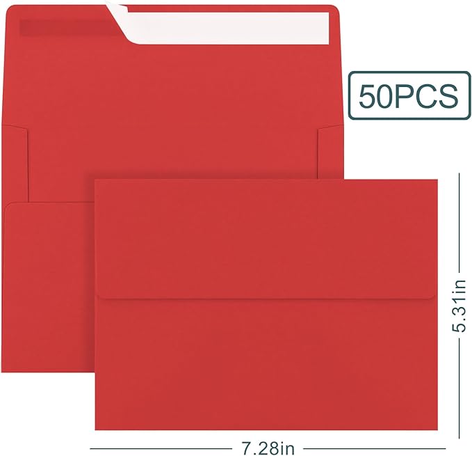 50 Pack 5x7 Envelopes, A7 Red Envelopes Self Seal, Printable Envelopes for Invitation, Baby Shower, Birthday Party, Wedding, Postcards, Mailing, Greeting Cards