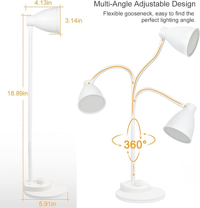 BOHON LED Desk Lamp with USB Charging Port, 3 Color Modes Dimmable Reading Lamp, Auto Dimming Task Lamp, Flexible Gooseneck Table Light for Dorm Bedside, Adapter Include, White