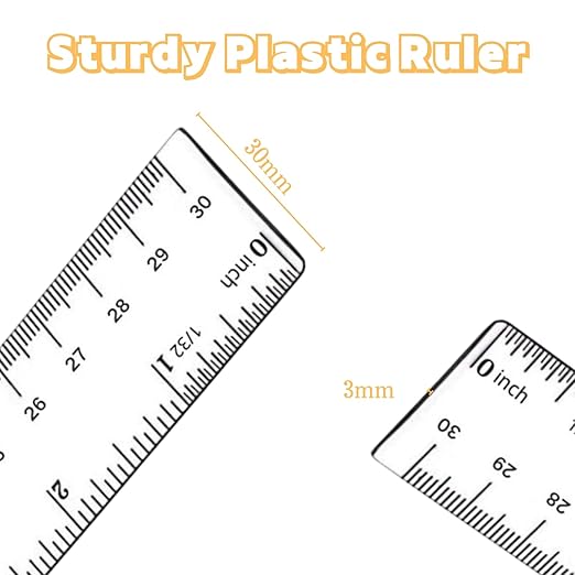 Plastic Ruler, 12 Inch Clear Plastic Ruler, Centimeter, Millimeter and Inches, Pack of 2