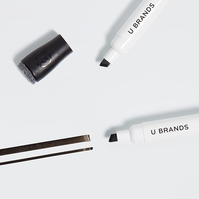 U Brands Fine Tip Dry Erase Markers with Eraser, Whiteboard Markers with Chisel tip, Low Odor, Black, Set of 12