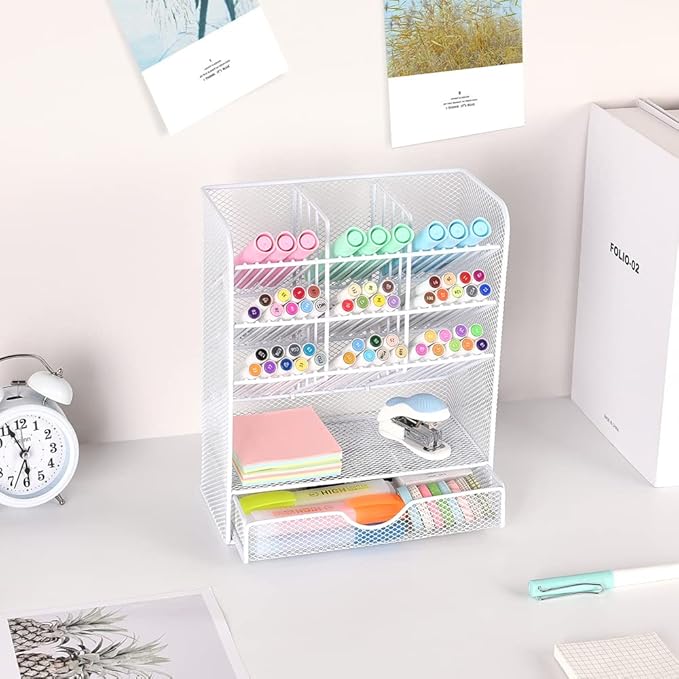 Spacrea Pen Holder Desk Organizer - Desk Organizers and Accessories, Pencil Holder with 10 Compartments and 1 Drawer（White）