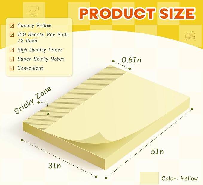 8 Pads Large Sticky Notes Yellow 3 x 5 in,800 Sheets Self-Stick Notes Pads, Super Adhesive Recyclable Sticky Pads for Office, School Supplies, Home, Meeting, to Do Lists,Clean Removal