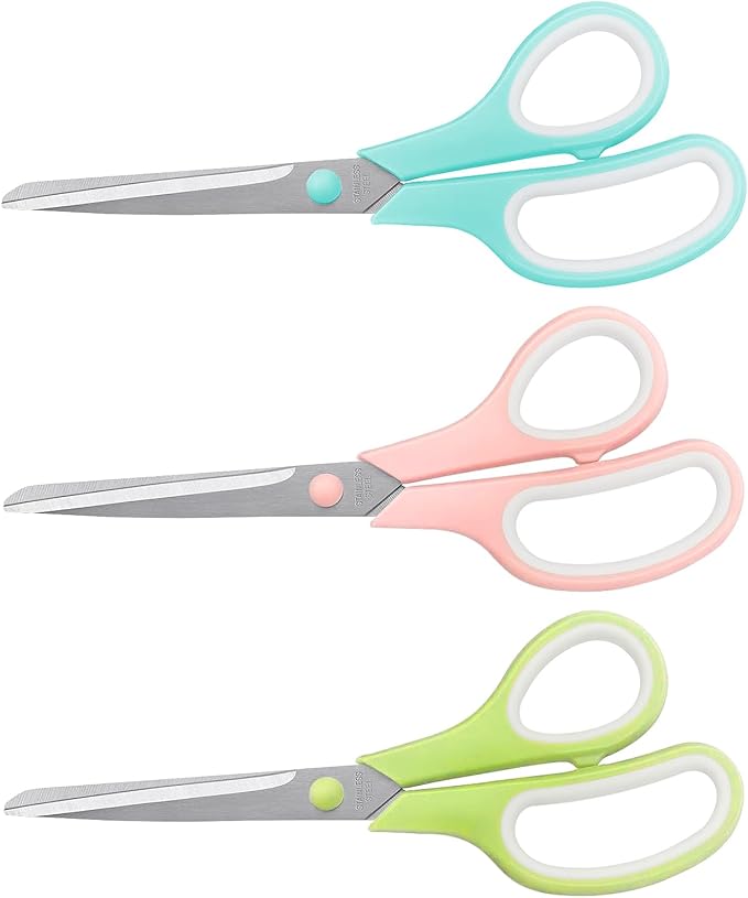 Scissors 8.5 Inch scissors all purpose Bulk Set of 3, Scissors for Office Home School Craft Supplies, Soft Comfort-Grip Right/Left Hand, Viridian, Vivid Green, Pink